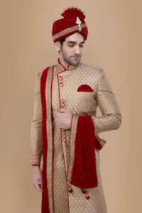 Traditional gold and maroon wedding dress for men